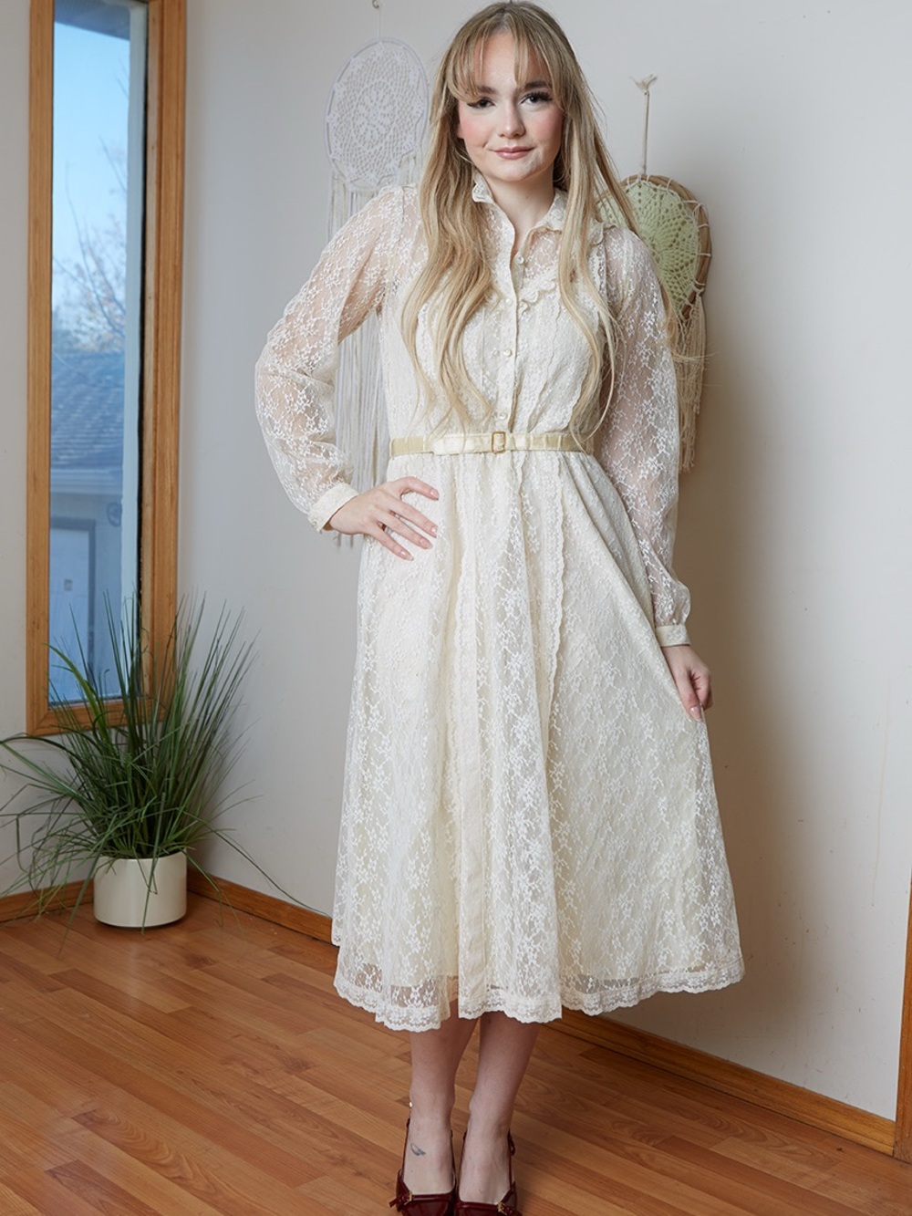 Vintage 70s Ivory Lace Midi Dress with Belted Waist 7